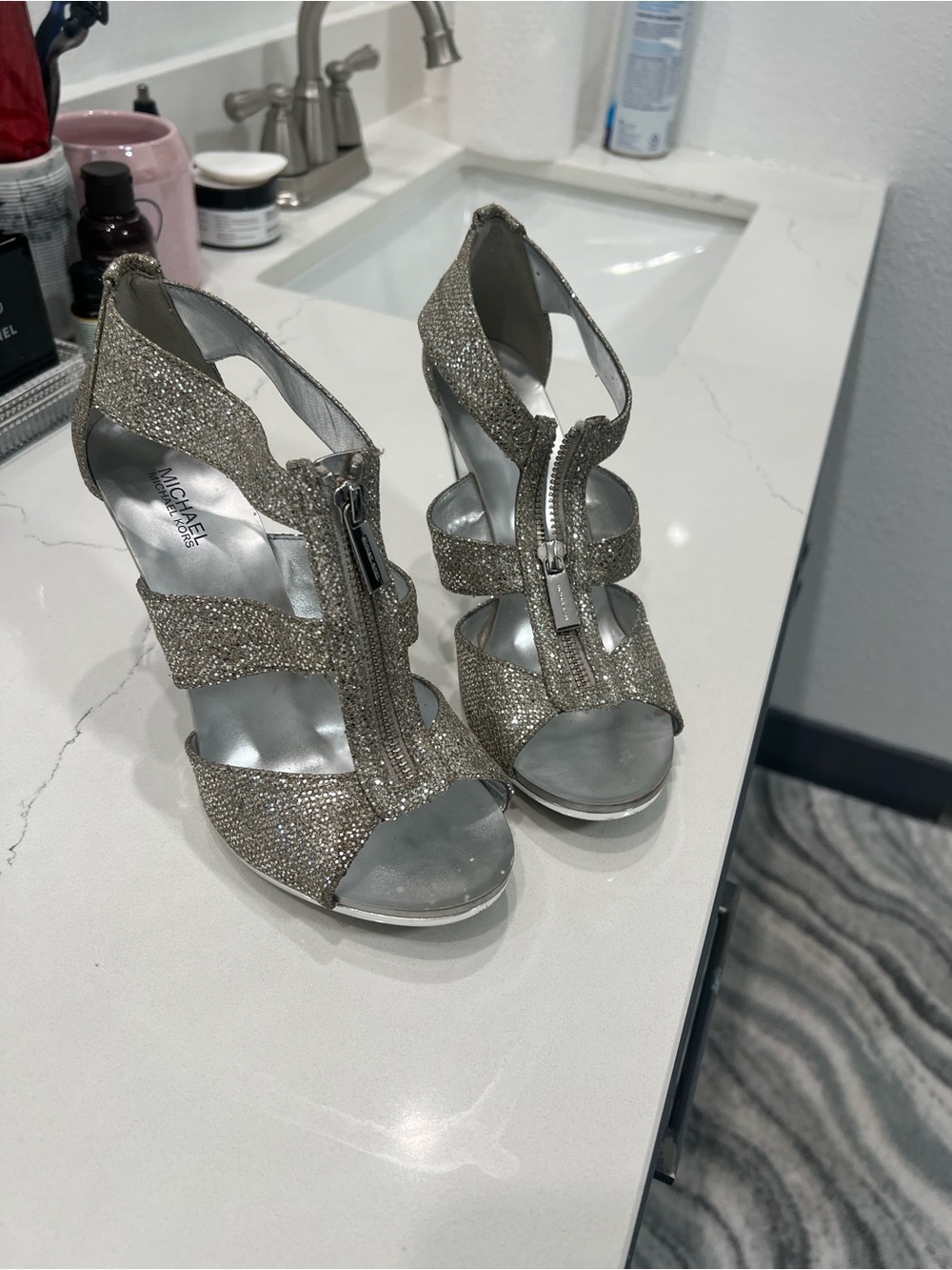 MICHAEL Michael Kors Silver Glitter Zip-Front High Heel Sandals